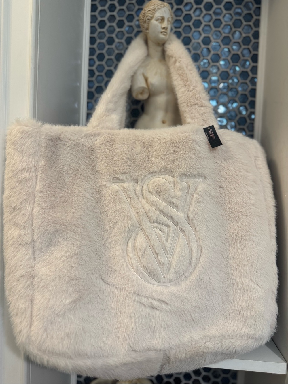 Victoria's Secret Plush Faux Fur Tote in Cream
